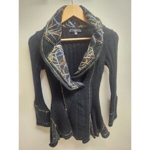 Slonl Black Knit Cardigan Sweater Embellished Collar‎ Bohemian Small